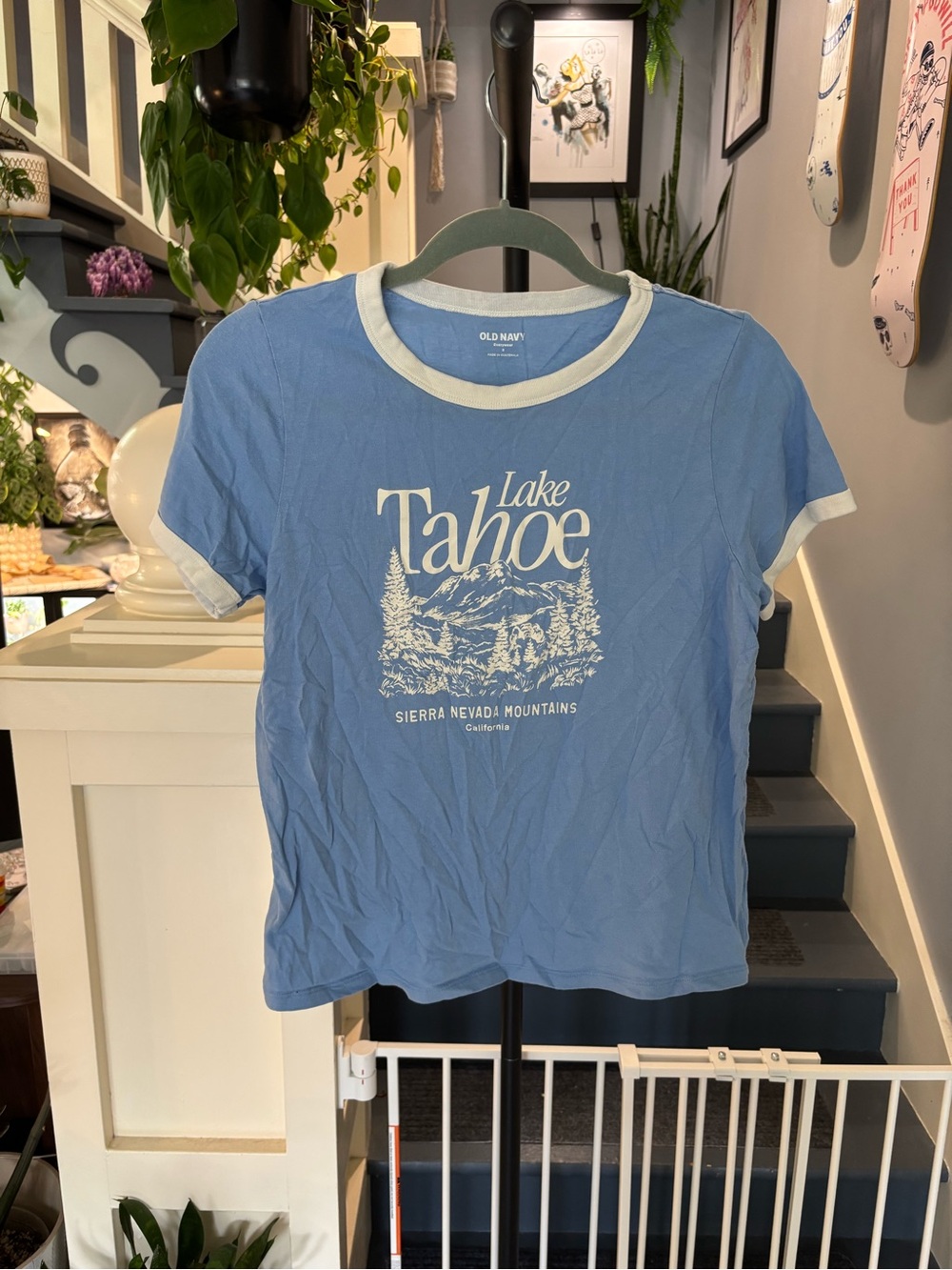 Old Navy Light Blue Ringer Tee with White Trim and Lake Graphic
